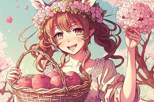 Söt flicka bär en blomma krona och innehav en korg av påsk godis, leende nära en blomning körsbär blomma träd påsk illustration manga stil generativ ai foto