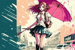 Söt flicka i mini kjol med en rosa parasoll, gående genom en regnig stad och spridning solsken med henne positiv attityd, manga vagel illustration generativ ai foto