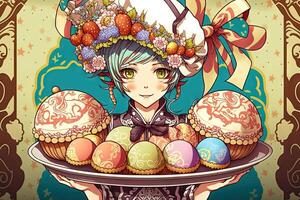 Söt i en kockens hatt innehav en tallrik av vackert dekorerad påsk ägg, med invecklad mönster påsk illustration manga stil generativ ai foto