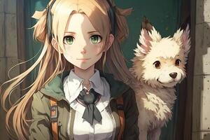 Söt anime skola flicka med en hund ser på du illustration generativ ai foto