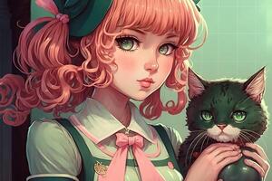 Söt anime skola flicka med en katt ser på du illustration generativ ai foto