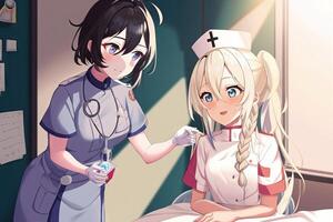 Söt anime sjuksköterska läkning en patient i sjukhus illustration generativ ai foto