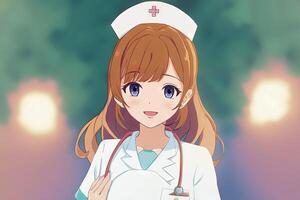 Söt anime sjuksköterska ser på du illustration generativ ai foto