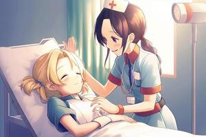 Söt anime sjuksköterska läkning en patient i sjukhus illustration generativ ai foto