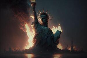 staty av frihet brinnande i ny york stad illustration generativ ai foto