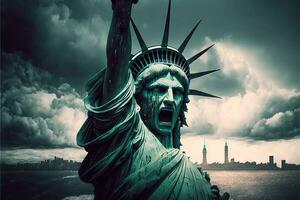 staty av frihet flyr löpning ut av ny york stad illustration generarativ ai foto