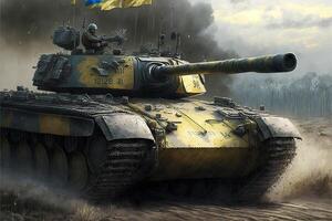 militär tank tvinga på ukraina-ryssland konflikt krig lösning. tysk, Storbritannien, eu, Frankrike och oss Amerika Land tankar är kommande till ukraina från nato illustration generativ ai foto