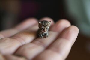 ultra små kattunge på mänsklig hand illustration generativ ai foto