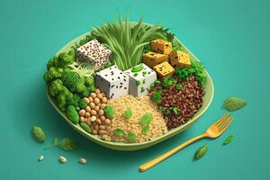 topp se av vegan tallrik, terar växt - baserad Ingredienser tycka om tofu, linser, och quinoa, grön bakgrund pastell Färg illustration generativ ai foto