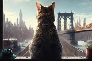 se från de tillbaka av katt på manhattan bro illustration generativ ai foto