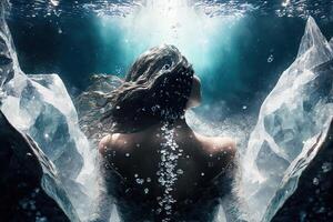 skön kvinna simning i flytande ruter se från de tillbaka illustration generativ ai foto