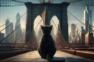 se från de tillbaka av katt på brooklyn bro illustration generativ ai foto