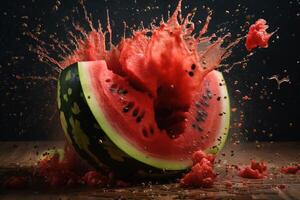 vattenmelon explosion på svart bakgrund illustration generativ ai foto