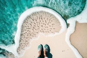kvinna fötter på sandig strand med hav skum illustration generativ ai foto