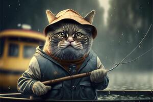 katt fiskare llustration generativ ai foto