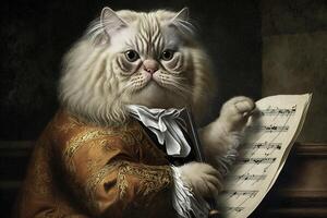 katt som johann sebastian bach känd historisk karaktär porträtt illustration generativ ai foto