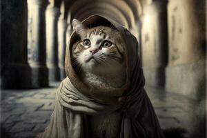 katt som helgon francis av assisi bär fattig jute vana illustration generativ ai foto