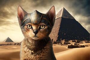 katt som egyptisk farao pyramider på bakgrund illustration generativ ai foto