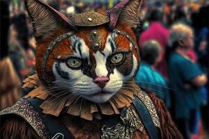 katt i karneval kostym på karneval parad illustration generativ ai foto