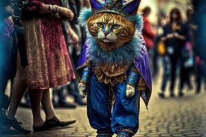 katt i karneval kostym på karneval parad illustration generativ ai foto