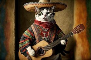 söt katt mexikansk mariachi illustration generativ ai foto