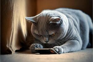 katt använder sig av smartphone. begrepp för husdjur använder sig av teknologi, eller djur imiterar människor. illustration generativ ai foto