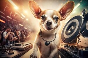 chihuahua hund djur- är en bosatt dj i de klubb människor dans på bakgrund illustration generativ ai foto