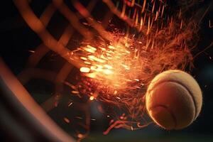 tennis racket slå de boll i energi detalj explosiv illustration generativ ai foto