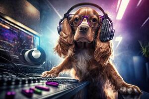 cockerspaniel spaniel hund djur- är en bosatt dj i de klubb människor dans på bakgrund illustration generativ ai foto