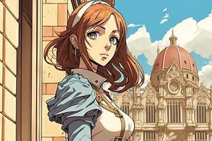 skön anime manga flicka i florens Italien illustration generativ ai foto