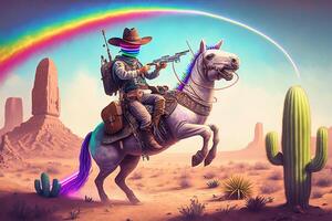 cowboy regnbåge pistol skytte laser i de kaktus öken- illustration generativ ai foto