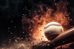 detalj av baseboll fladdermus slående boll i explosion illustration generativ ai foto
