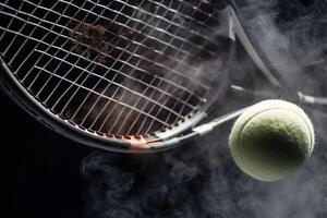 tennis racket slå de boll i energi detalj explosiv illustration generativ ai foto