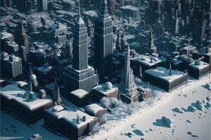 jul häftig snöstorm i ny york. snöfall i de stad av ny york. stad horisont i vinter. illustration generativ ai foto