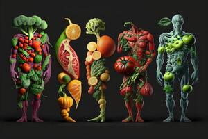 mänsklig form vegetabiliska kreativ diet mat friska äter begrepp Foto av mänsklig tillverkad av färsk frukt och grönsaker illustration generativ ai