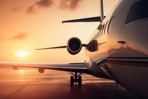 företag flygplan privat jet på solnedgång illustration generativ ai foto