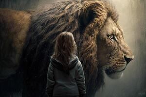 flicka vänd en jätte lejon illustration generativ ai foto