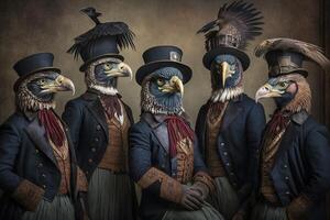 eagles fåglar djur klädd i victorian epok Kläder illustration generativ ai foto