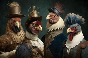 kycklingar och tuppar djur klädd i victorian epok Kläder illustration generativ ai foto
