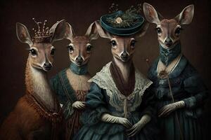 hjortar djur klädd i victorian epok Kläder illustration generativ ai foto
