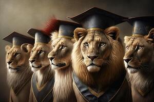 lejon stående i en linje, bär gradering caps och klänningar, med en stolt se på deras ansikten illustration generativ ai foto