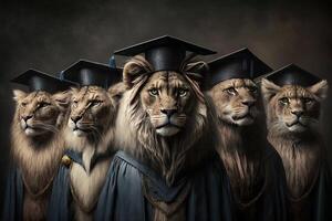 lejon stående i en linje, bär gradering caps och klänningar, med en stolt se på deras ansikten illustration generativ ai foto
