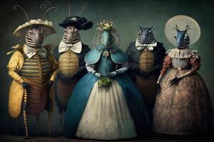 insekter djur klädd i victorian epok Kläder illustration generativ ai foto