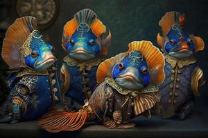 mandarin fisk djur klädd i victorian epok Kläder illustration generativ ai foto