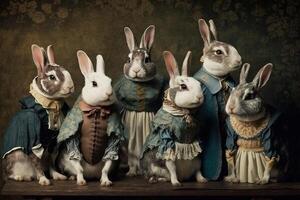 kanin djur klädd i victorian epok Kläder illustration generativ ai foto