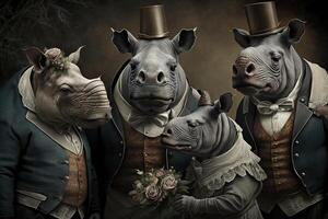 rhinos djur klädd i victorian epok Kläder illustration generativ ai foto