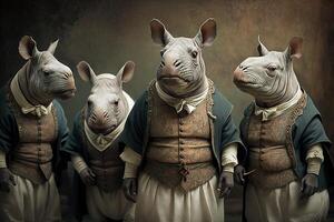rhinos djur klädd i victorian epok Kläder illustration generativ ai foto