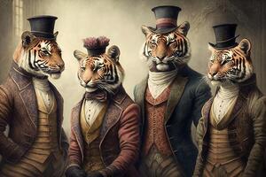 tiger djur klädd i victorian epok Kläder illustration generativ ai foto