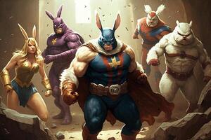 grupp av superhjältar bär påsk kanin kostymer påsk illustration generativ ai foto
