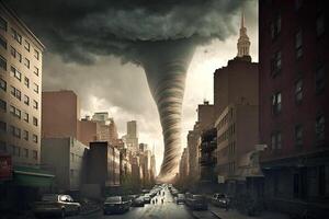 ny york stad USA virvlande tornado förstöra byggnader orkan fara vind vattenpip fixare storm naturlig katastrof illustration generativ ai foto